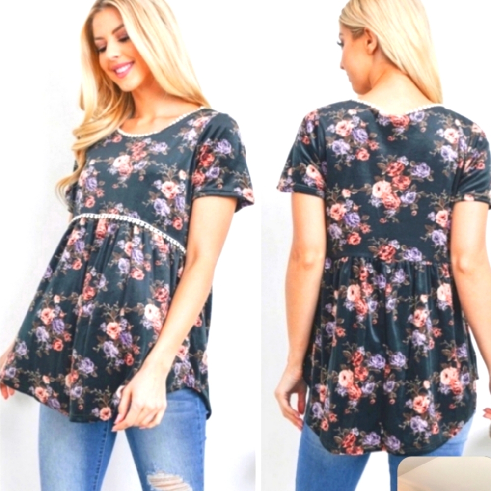 DOLLAR DAYZ! MTS Floral Babydoll – Dark Gray Multi Short Sleeve Boho Top